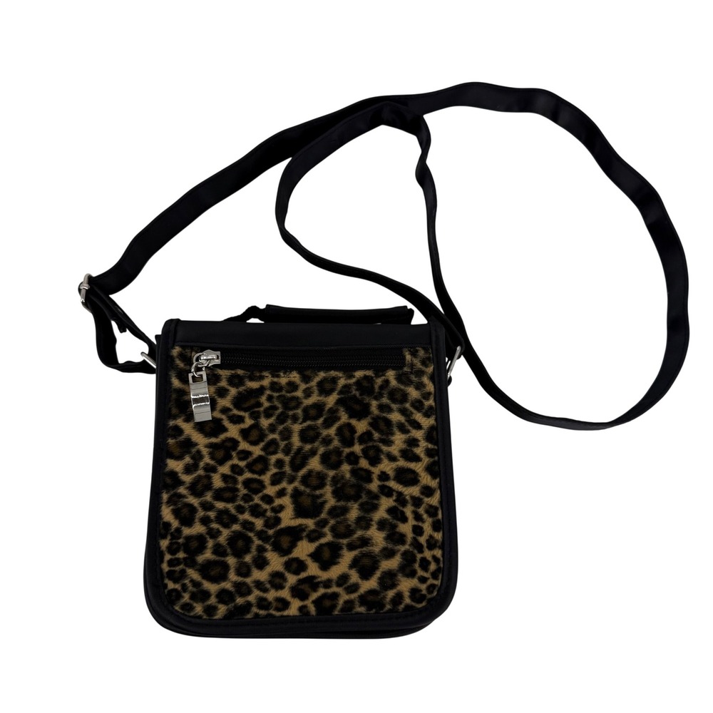 Vintage Limited Too Leopard Print Faux Fur Crossbody Organizer Bag Y2K Black